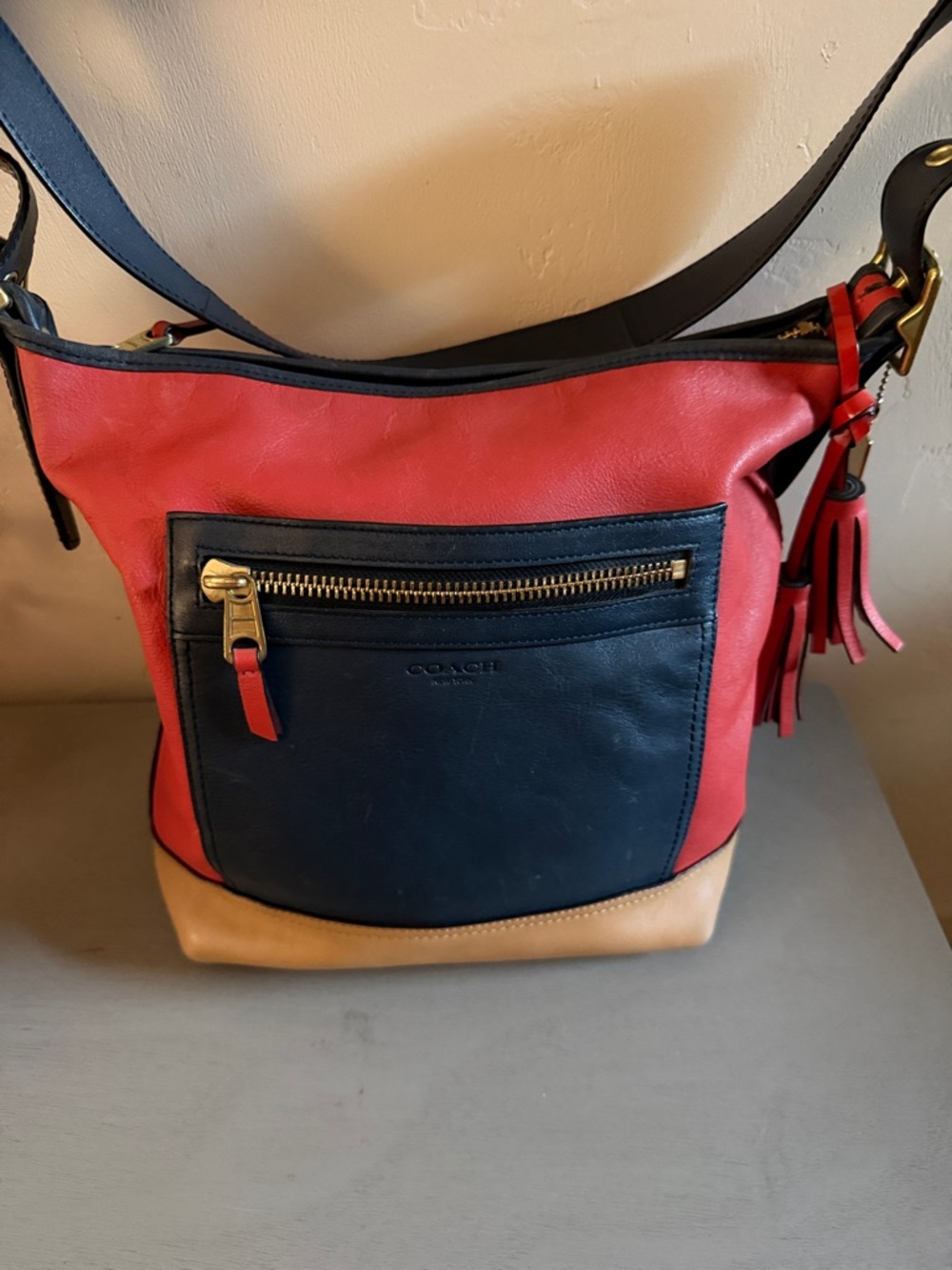 Coach Red, Black & Tan Colorblock Leather Shoulder Bag
